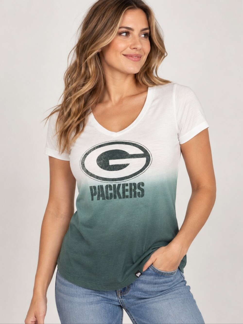 ​New Era Green Bay Packers NFL Dip Dye V-Neck T-Shirt Small Green White Womens